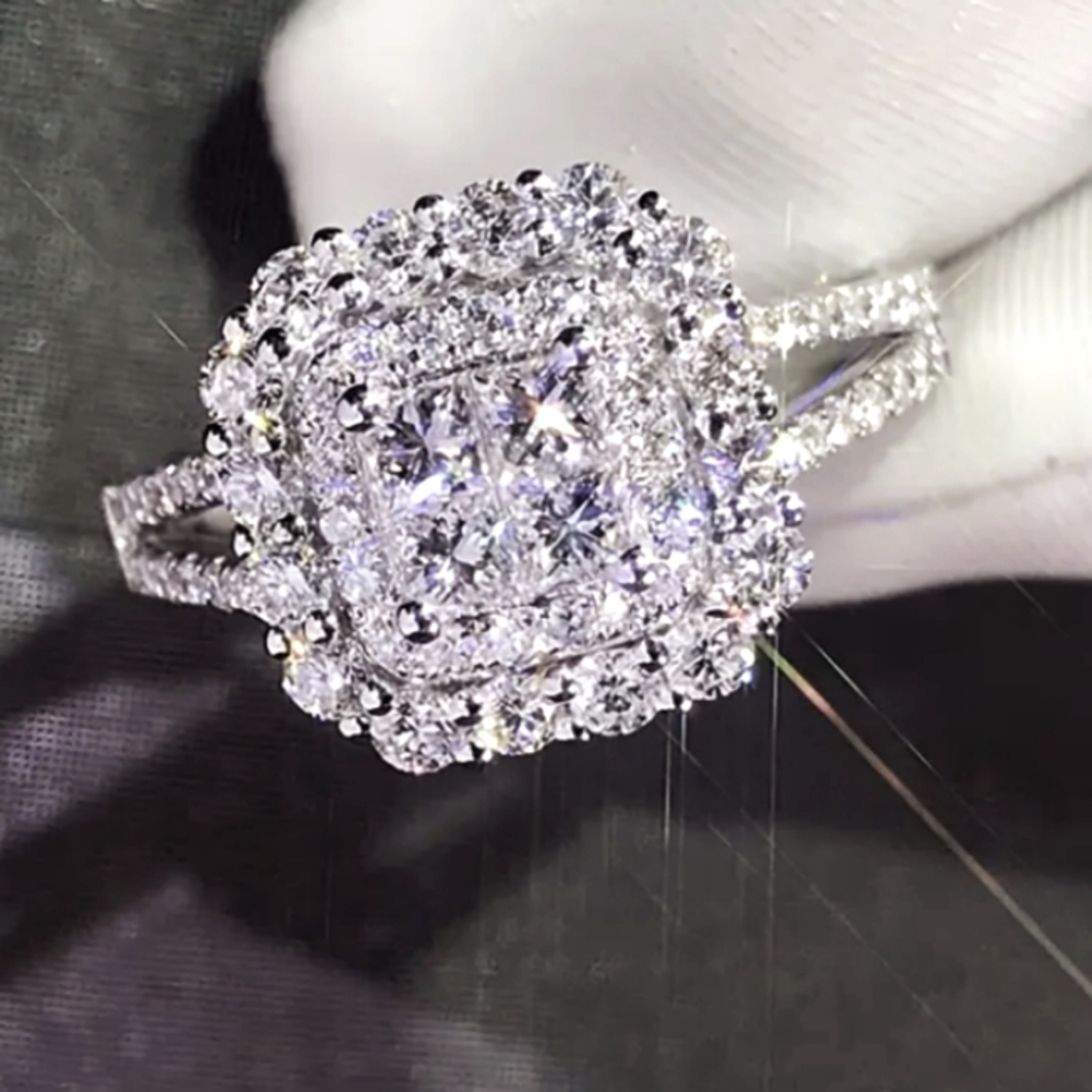 Size 6 White gold tone alloy Square CZ in a beautiful halo setting ring
